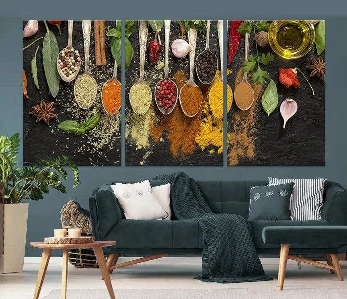 Introducing the Spices Wall Art Canvas Print: a stunning triptych featuring vibrant arrays of spices on wooden spoons set against a black backdrop. Crafted with museum-quality polycotton and a UV-protective coating, this professionally hand-assembled artwork ensures lasting brilliance.