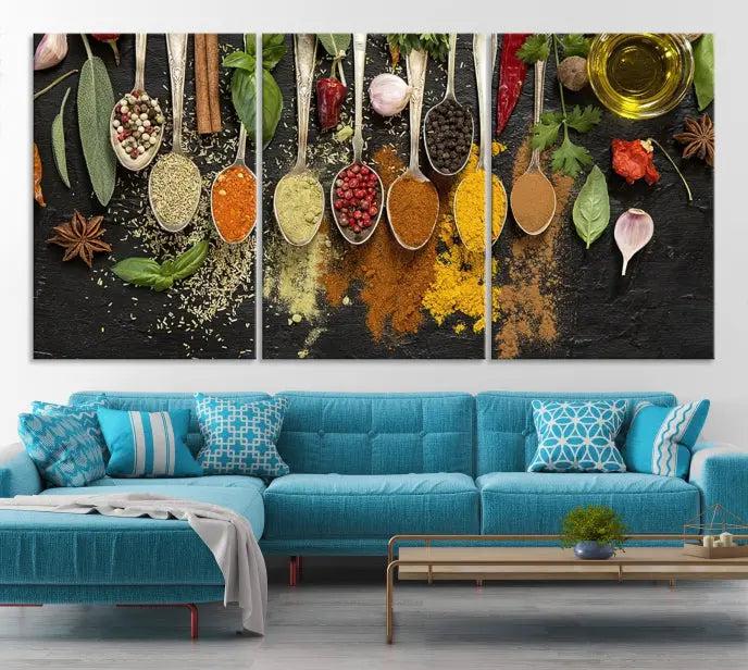 Introducing the Spices Wall Art Canvas Print: a stunning triptych featuring vibrant arrays of spices on wooden spoons set against a black backdrop. Crafted with museum-quality polycotton and a UV-protective coating, this professionally hand-assembled artwork ensures lasting brilliance.