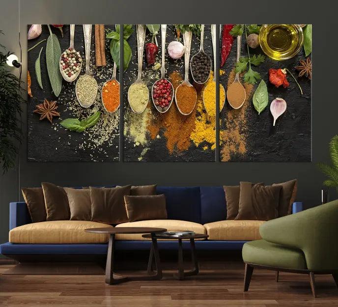 Introducing the Spices Wall Art Canvas Print: a stunning triptych featuring vibrant arrays of spices on wooden spoons set against a black backdrop. Crafted with museum-quality polycotton and a UV-protective coating, this professionally hand-assembled artwork ensures lasting brilliance.