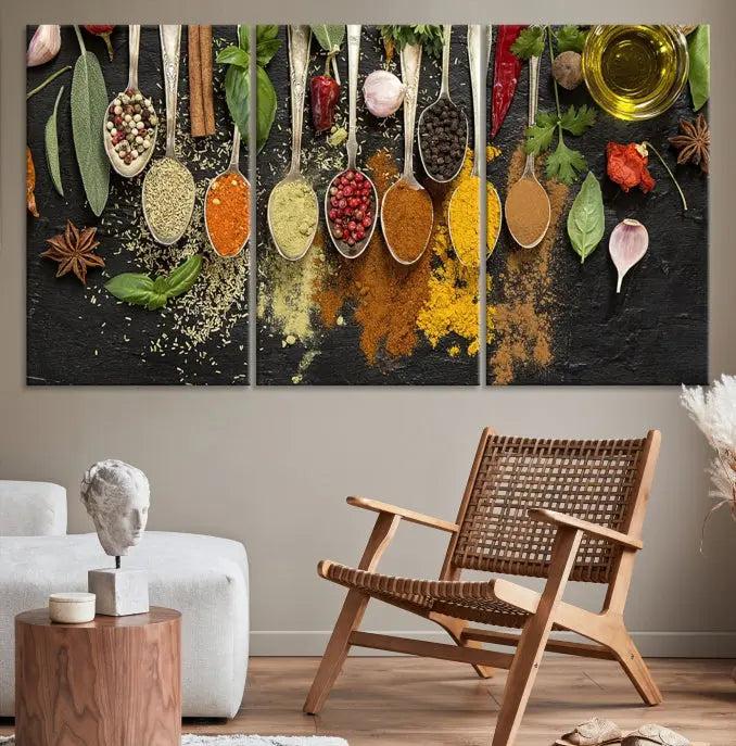 Introducing the Spices Wall Art Canvas Print: a stunning triptych featuring vibrant arrays of spices on wooden spoons set against a black backdrop. Crafted with museum-quality polycotton and a UV-protective coating, this professionally hand-assembled artwork ensures lasting brilliance.