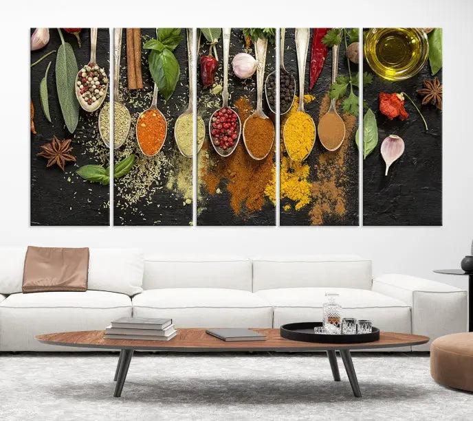 Introducing the Spices Wall Art Canvas Print: a stunning triptych featuring vibrant arrays of spices on wooden spoons set against a black backdrop. Crafted with museum-quality polycotton and a UV-protective coating, this professionally hand-assembled artwork ensures lasting brilliance.