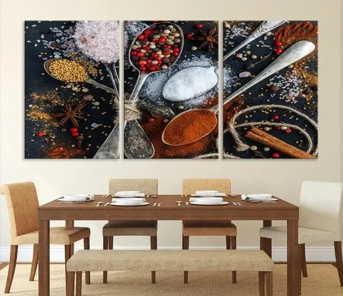 Spices and Seasonings Canvas Wall Art – Colorful Triptych Kitchen Decor – Culinary Art for Dining Room – Ready to Hang
