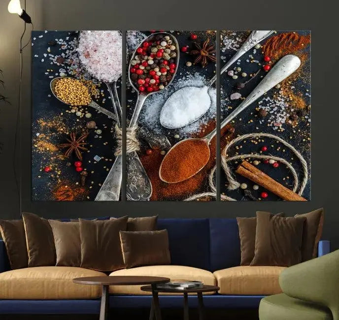 Spices and Seasonings Canvas Wall Art – Colorful Triptych Kitchen Decor – Culinary Art for Dining Room – Ready to Hang