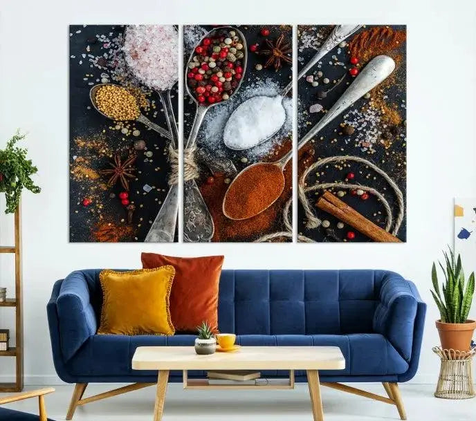 Spices and Seasonings Canvas Wall Art – Colorful Triptych Kitchen Decor – Culinary Art for Dining Room – Ready to Hang