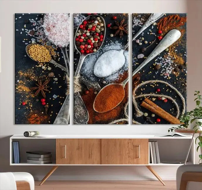Spices and Seasonings Canvas Wall Art – Colorful Triptych Kitchen Decor – Culinary Art for Dining Room – Ready to Hang