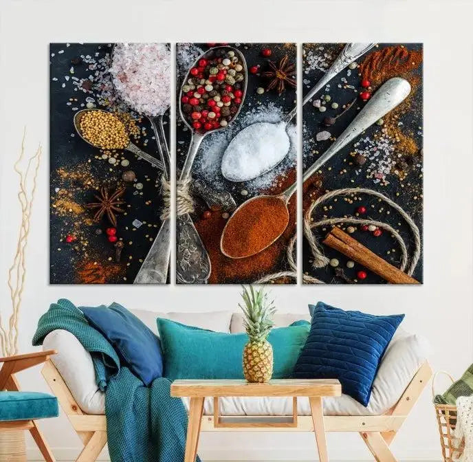 Spices and Seasonings Canvas Wall Art – Colorful Triptych Kitchen Decor – Culinary Art for Dining Room – Ready to Hang