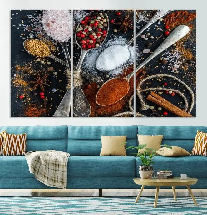 Spices and Seasonings Canvas Wall Art – Colorful Triptych Kitchen Decor – Culinary Art for Dining Room – Ready to Hang