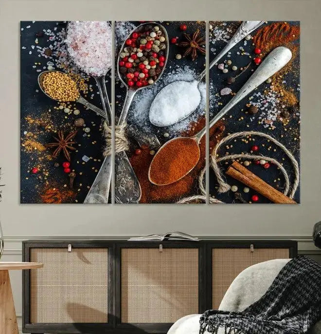 Spices and Seasonings Canvas Wall Art – Colorful Triptych Kitchen Decor – Culinary Art for Dining Room – Ready to Hang