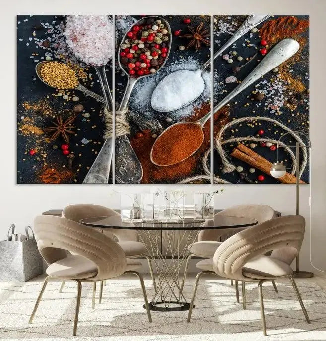 Spices and Seasonings Canvas Wall Art – Colorful Triptych Kitchen Decor – Culinary Art for Dining Room – Ready to Hang