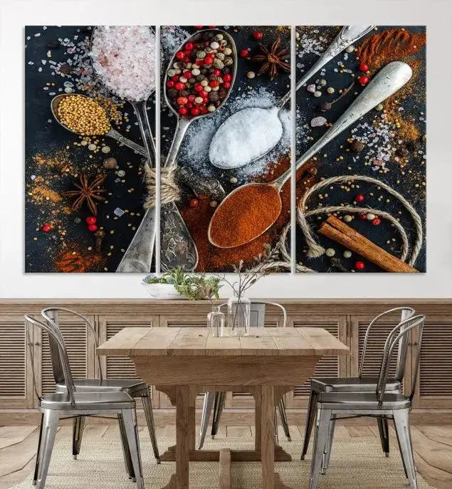 Spices and Seasonings Canvas Wall Art – Colorful Triptych Kitchen Decor – Culinary Art for Dining Room – Ready to Hang