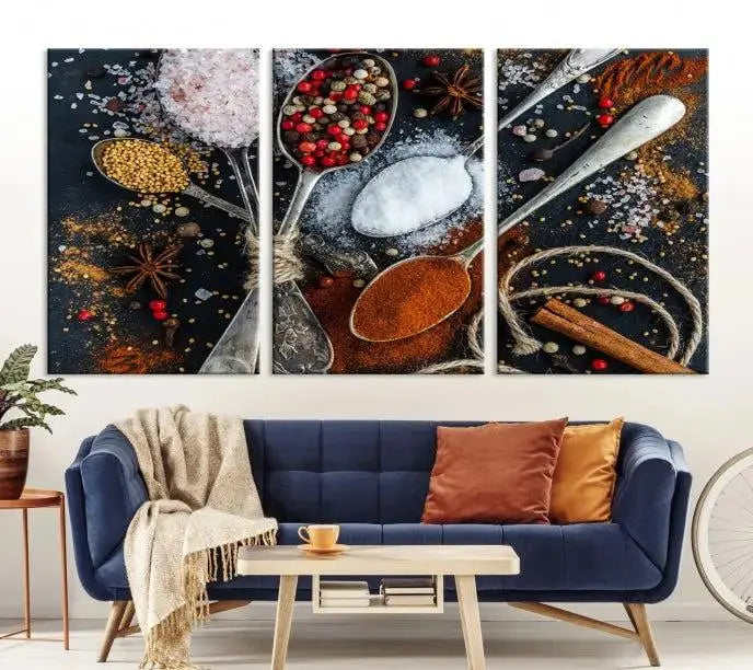 Spices and Seasonings Canvas Wall Art – Colorful Triptych Kitchen Decor – Culinary Art for Dining Room – Ready to Hang