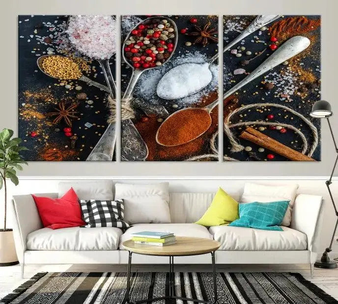 Spices and Seasonings Canvas Wall Art – Colorful Triptych Kitchen Decor – Culinary Art for Dining Room – Ready to Hang
