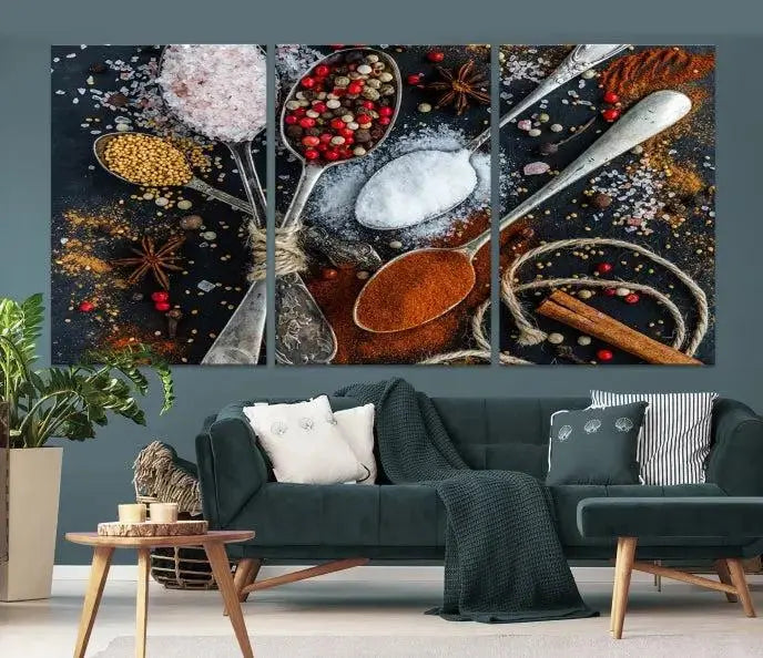 Spices and Seasonings Canvas Wall Art – Colorful Triptych Kitchen Decor – Culinary Art for Dining Room – Ready to Hang