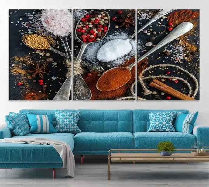 Spices and Seasonings Canvas Wall Art – Colorful Triptych Kitchen Decor – Culinary Art for Dining Room – Ready to Hang