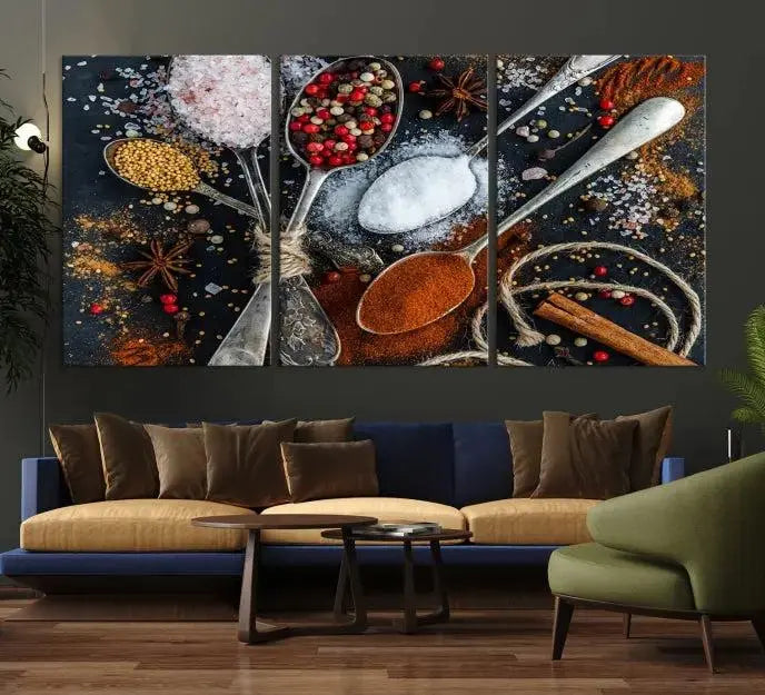 Spices and Seasonings Canvas Wall Art – Colorful Triptych Kitchen Decor – Culinary Art for Dining Room – Ready to Hang