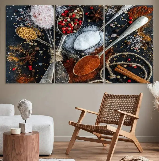 Spices and Seasonings Canvas Wall Art – Colorful Triptych Kitchen Decor – Culinary Art for Dining Room – Ready to Hang