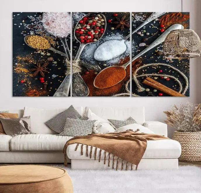 Spices and Seasonings Canvas Wall Art – Colorful Triptych Kitchen Decor – Culinary Art for Dining Room – Ready to Hang