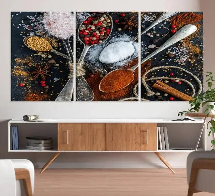 Spices and Seasonings Canvas Wall Art – Colorful Triptych Kitchen Decor – Culinary Art for Dining Room – Ready to Hang