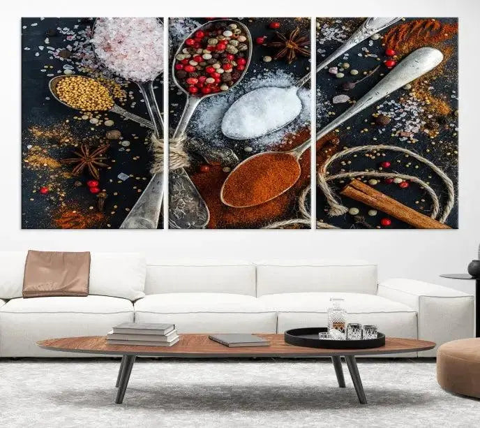 Spices and Seasonings Canvas Wall Art – Colorful Triptych Kitchen Decor – Culinary Art for Dining Room – Ready to Hang