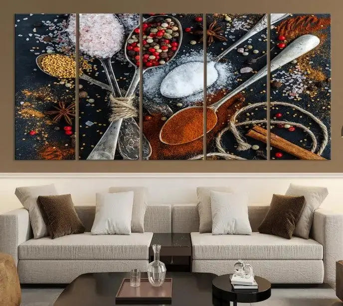 The Spices and Seasonings Canvas Wall Art is a vibrant triptych, introducing unique culinary decor into the space.