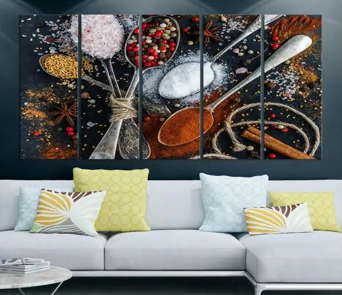 The Spices and Seasonings Canvas Wall Art is a vibrant triptych, introducing unique culinary decor into the space.