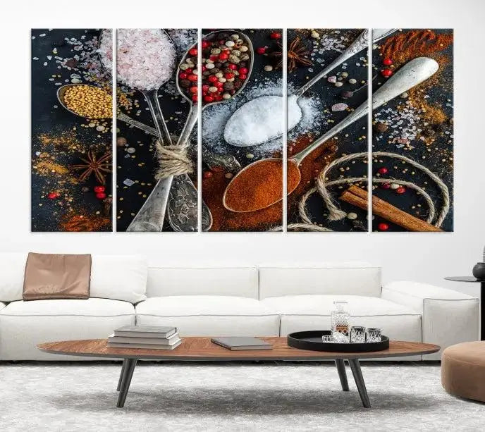 The Spices and Seasonings Canvas Wall Art is a vibrant triptych, introducing unique culinary decor into the space.
