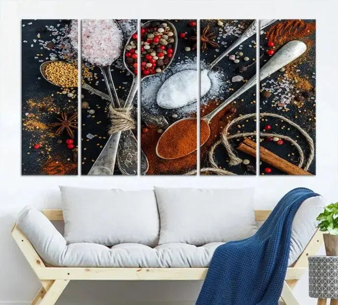 The Spices and Seasonings Canvas Wall Art is a vibrant triptych, introducing unique culinary decor into the space.