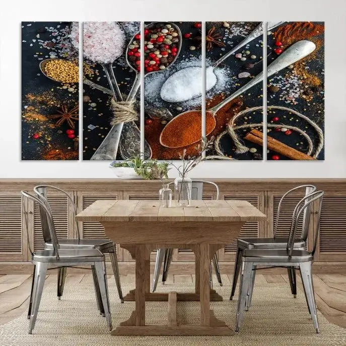 The Spices and Seasonings Canvas Wall Art is a vibrant triptych, introducing unique culinary decor into the space.