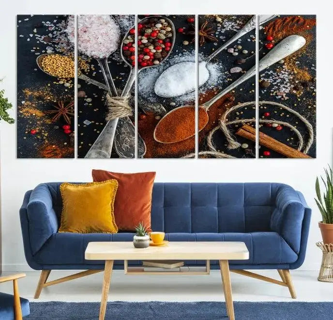 The Spices and Seasonings Canvas Wall Art is a vibrant triptych, introducing unique culinary decor into the space.