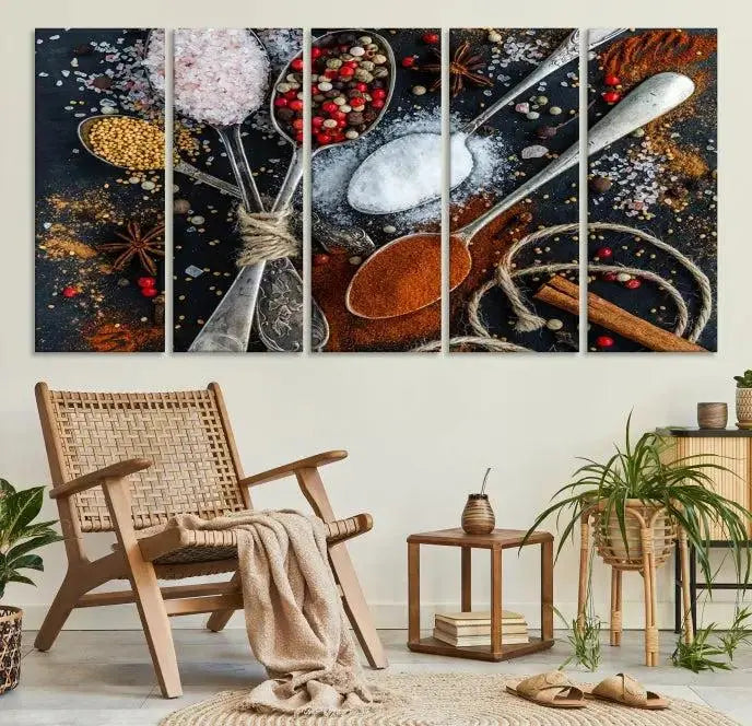 The Spices and Seasonings Canvas Wall Art is a vibrant triptych, introducing unique culinary decor into the space.