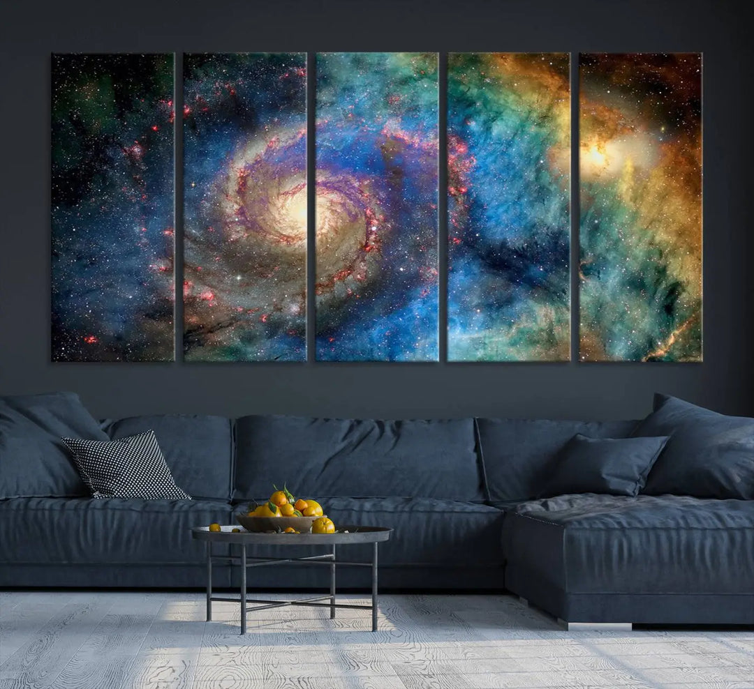 The living room showcases three colorful space-themed paintings titled "Spiral Galaxy Wall Art Canvas Print" on the wall, featuring museum-quality craftsmanship with vibrant colors through high-resolution printing.