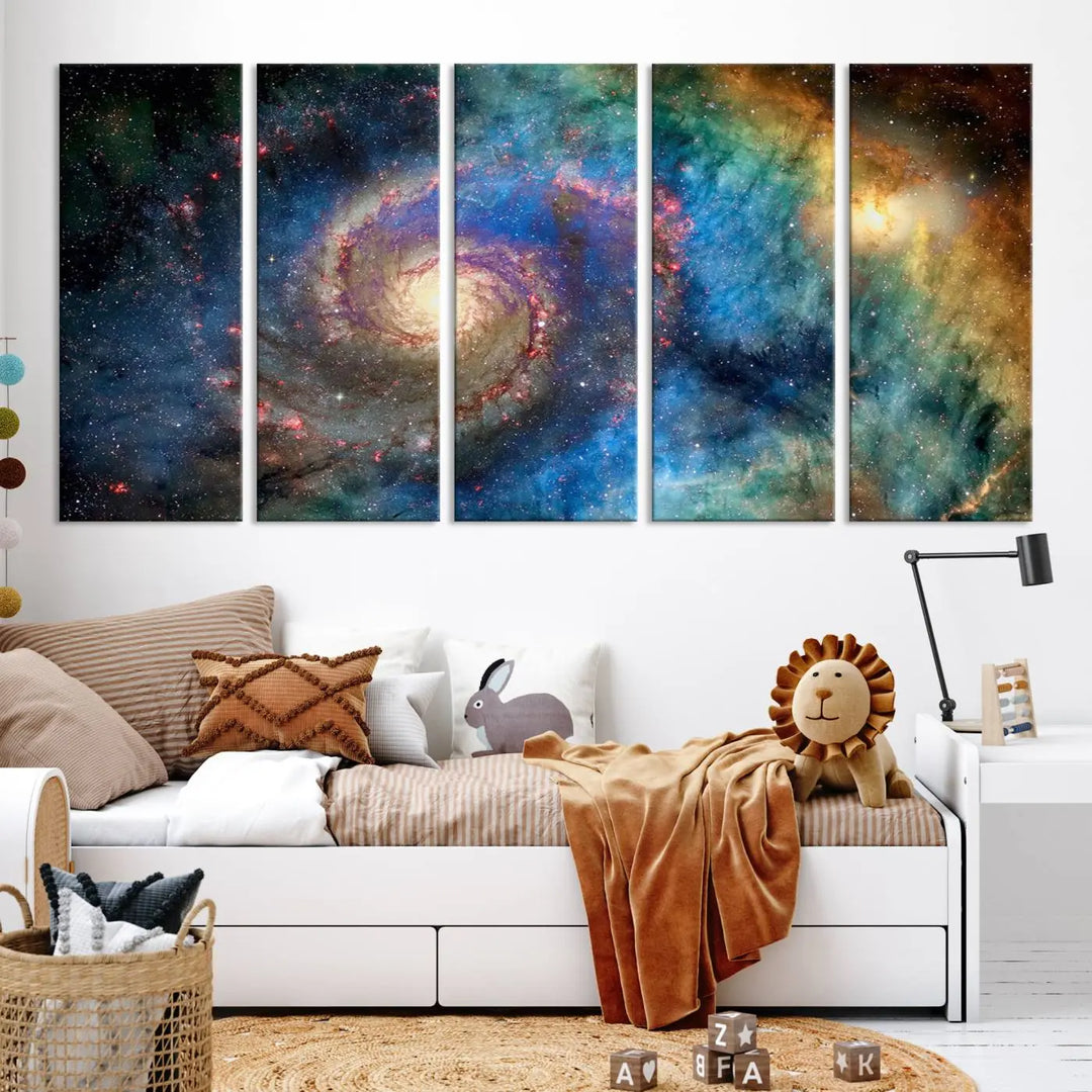 The living room showcases three colorful space-themed paintings titled "Spiral Galaxy Wall Art Canvas Print" on the wall, featuring museum-quality craftsmanship with vibrant colors through high-resolution printing.