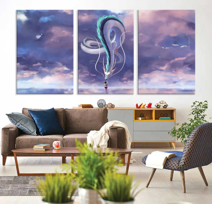 The living room showcases a Spirited Away Haku and Chihiro poster. The sky-painted backdrop enhances the gallery-quality finish for a premium feel.