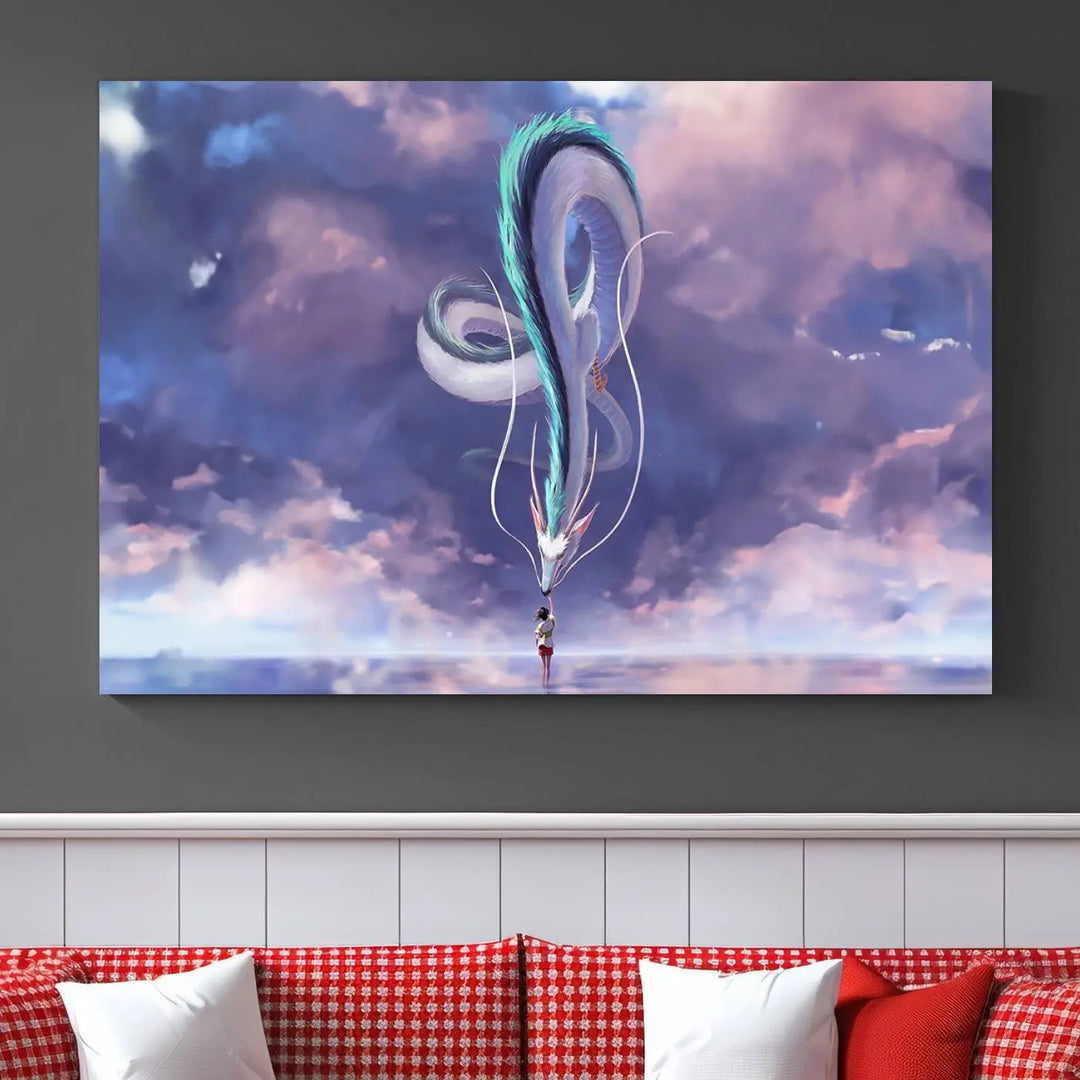 The living room showcases a Spirited Away Haku and Chihiro poster. The sky-painted backdrop enhances the gallery-quality finish for a premium feel.