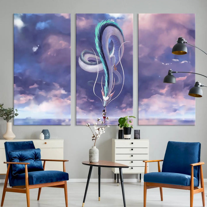 The living room showcases a Spirited Away Haku and Chihiro poster. The sky-painted backdrop enhances the gallery-quality finish for a premium feel.