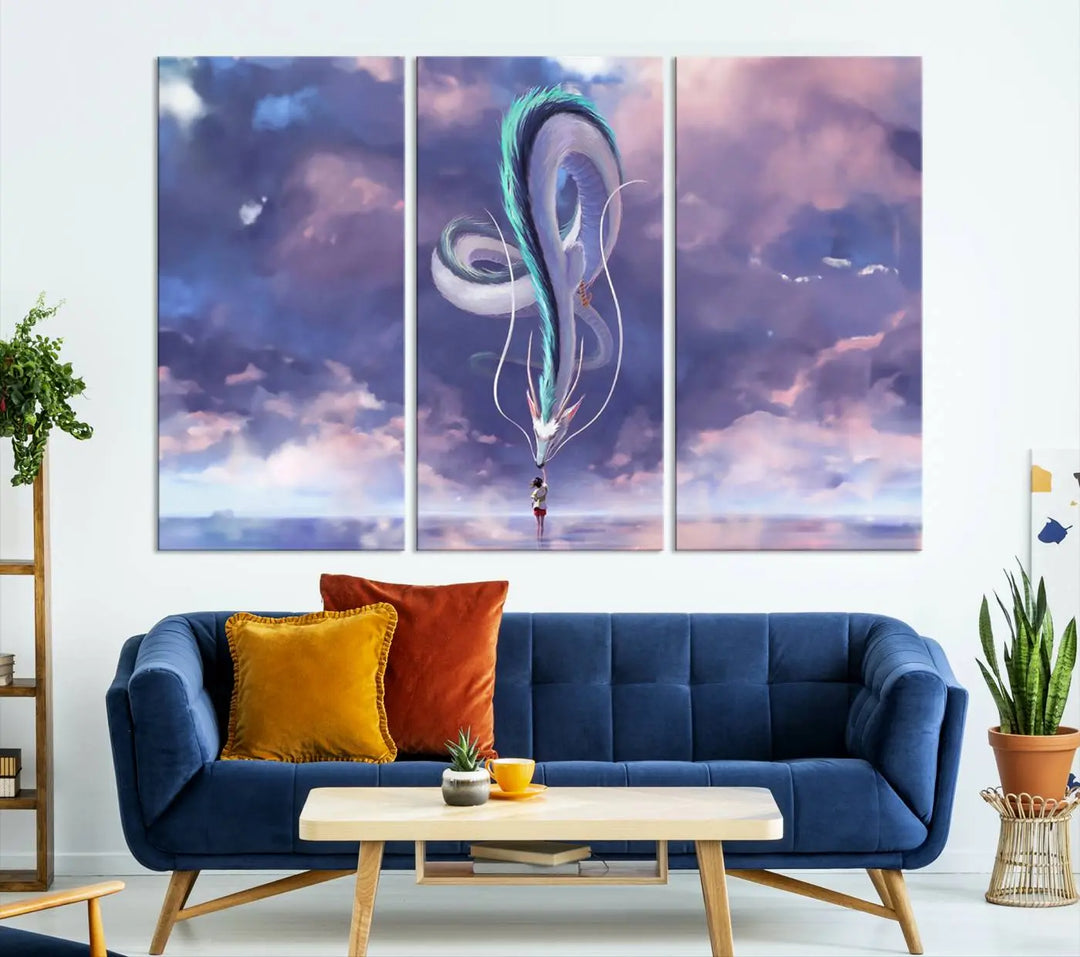 The living room showcases a Spirited Away Haku and Chihiro poster. The sky-painted backdrop enhances the gallery-quality finish for a premium feel.