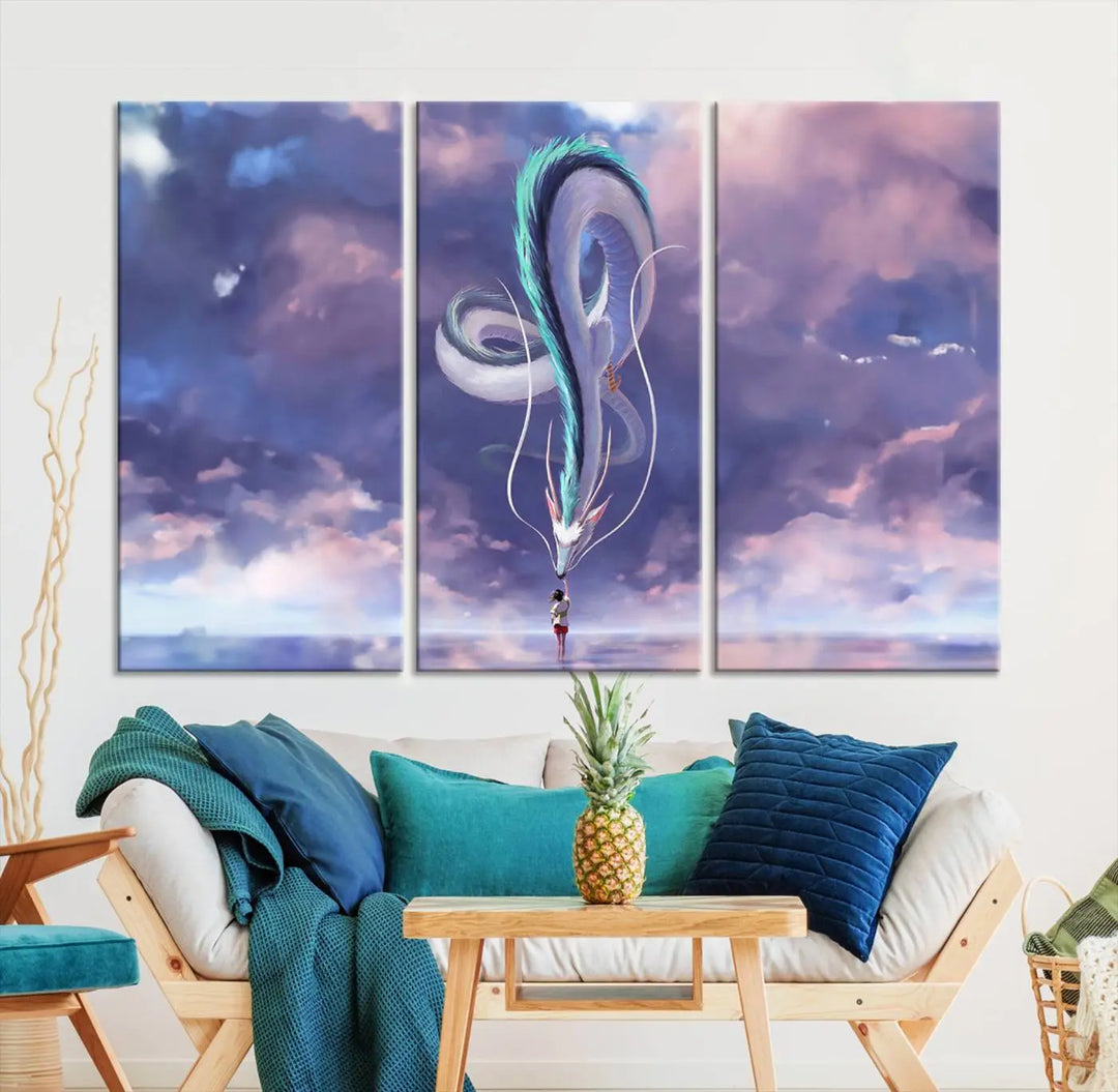 The living room showcases a Spirited Away Haku and Chihiro poster. The sky-painted backdrop enhances the gallery-quality finish for a premium feel.