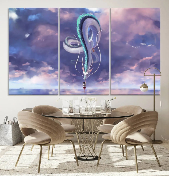 The living room showcases a Spirited Away Haku and Chihiro poster. The sky-painted backdrop enhances the gallery-quality finish for a premium feel.