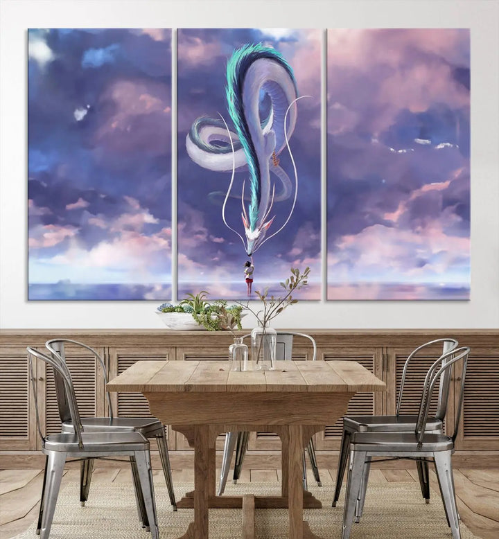 The living room showcases a Spirited Away Haku and Chihiro poster. The sky-painted backdrop enhances the gallery-quality finish for a premium feel.