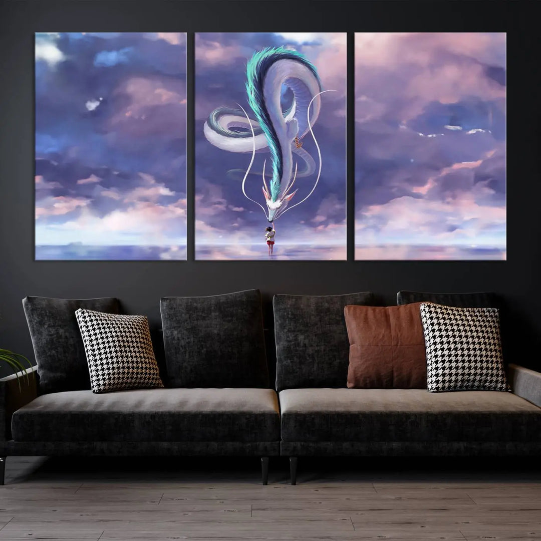 The living room showcases a Spirited Away Haku and Chihiro poster. The sky-painted backdrop enhances the gallery-quality finish for a premium feel.