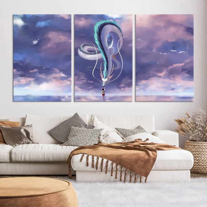 The living room showcases a Spirited Away Haku and Chihiro poster. The sky-painted backdrop enhances the gallery-quality finish for a premium feel.