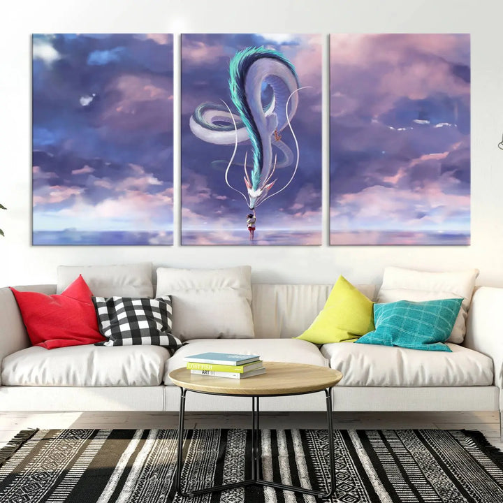 The living room showcases a Spirited Away Haku and Chihiro poster. The sky-painted backdrop enhances the gallery-quality finish for a premium feel.