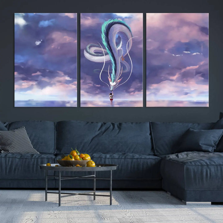 The living room showcases a Spirited Away Haku and Chihiro poster. The sky-painted backdrop enhances the gallery-quality finish for a premium feel.