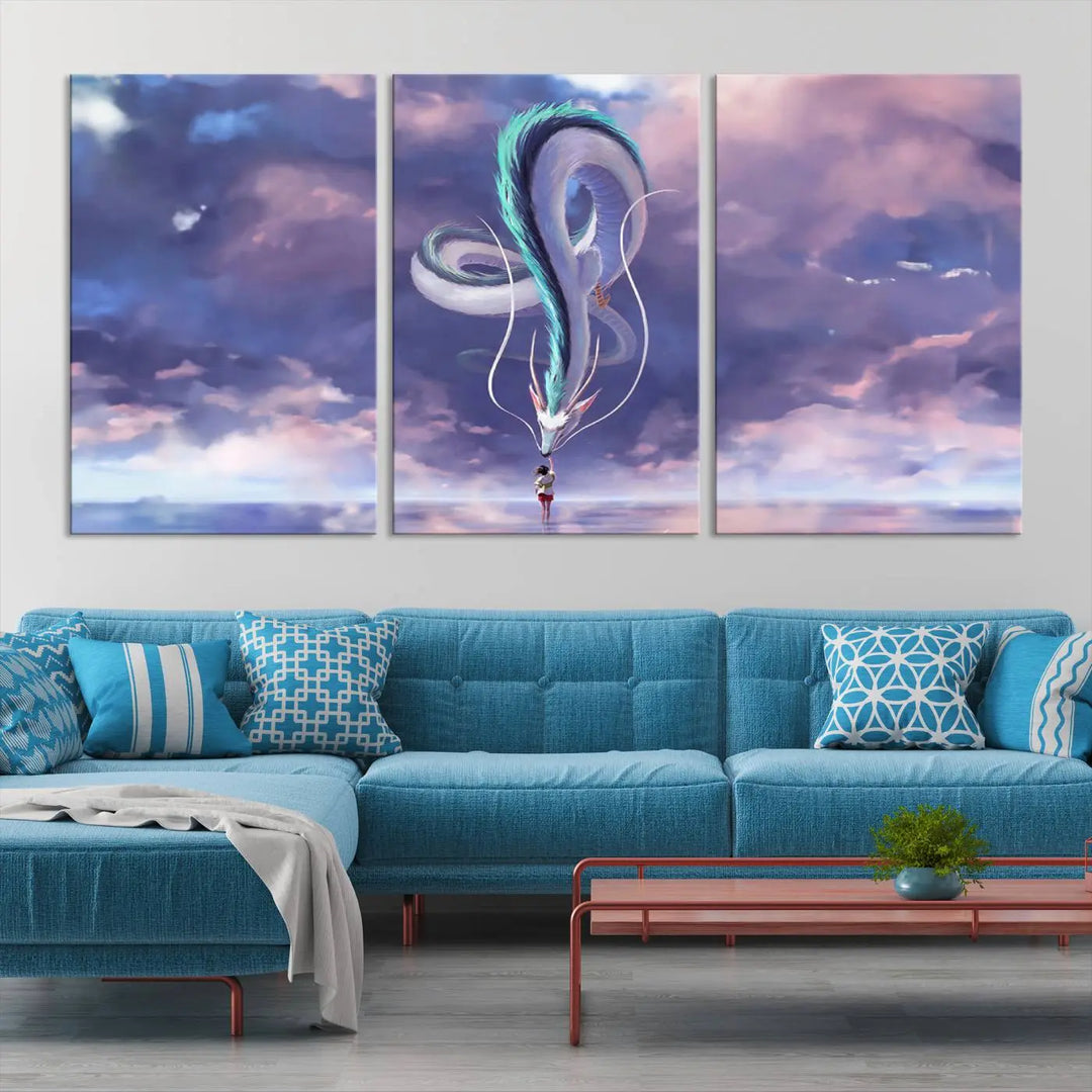 The living room showcases a Spirited Away Haku and Chihiro poster. The sky-painted backdrop enhances the gallery-quality finish for a premium feel.