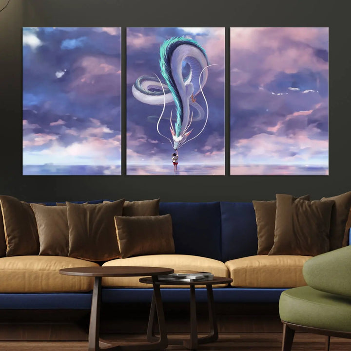 The living room showcases a Spirited Away Haku and Chihiro poster. The sky-painted backdrop enhances the gallery-quality finish for a premium feel.