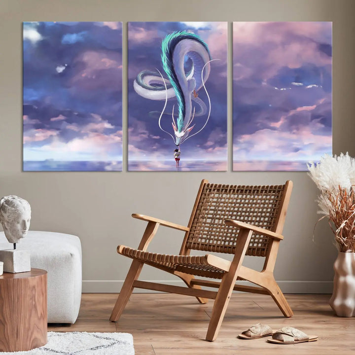 The living room showcases a Spirited Away Haku and Chihiro poster. The sky-painted backdrop enhances the gallery-quality finish for a premium feel.