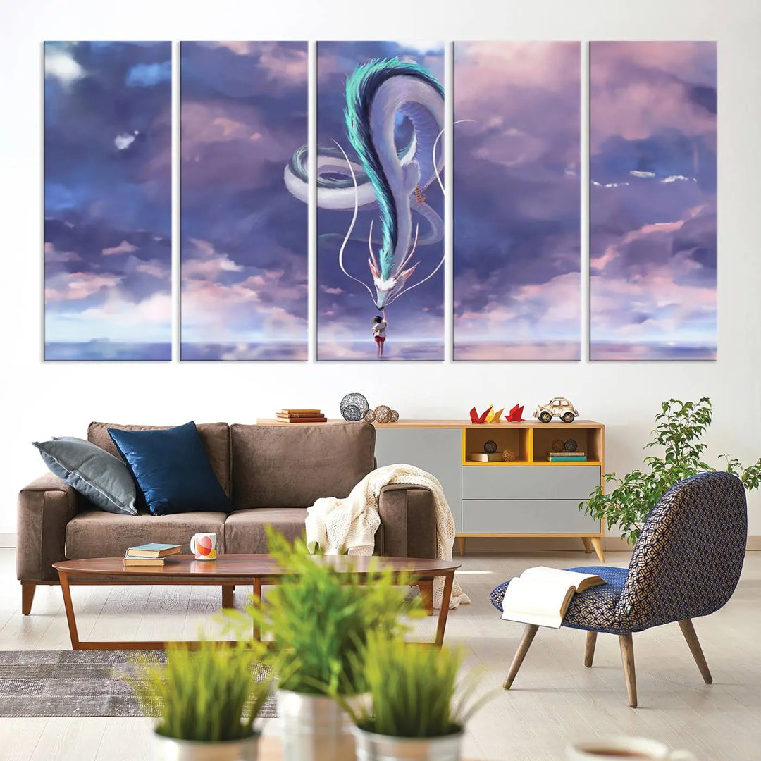 The living room showcases a Spirited Away Haku and Chihiro poster. The sky-painted backdrop enhances the gallery-quality finish for a premium feel.