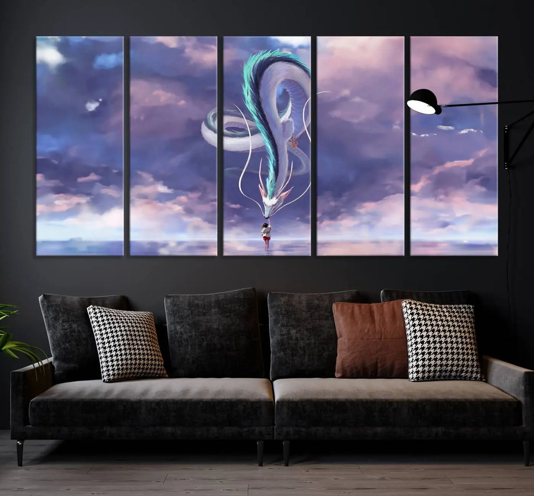 The living room showcases a Spirited Away Haku and Chihiro poster. The sky-painted backdrop enhances the gallery-quality finish for a premium feel.