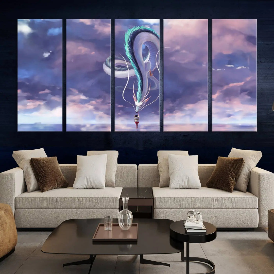 The living room showcases a Spirited Away Haku and Chihiro poster. The sky-painted backdrop enhances the gallery-quality finish for a premium feel.