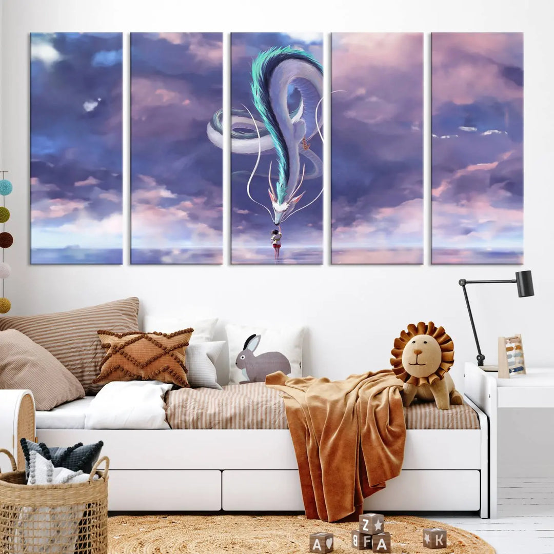 The living room showcases a Spirited Away Haku and Chihiro poster. The sky-painted backdrop enhances the gallery-quality finish for a premium feel.